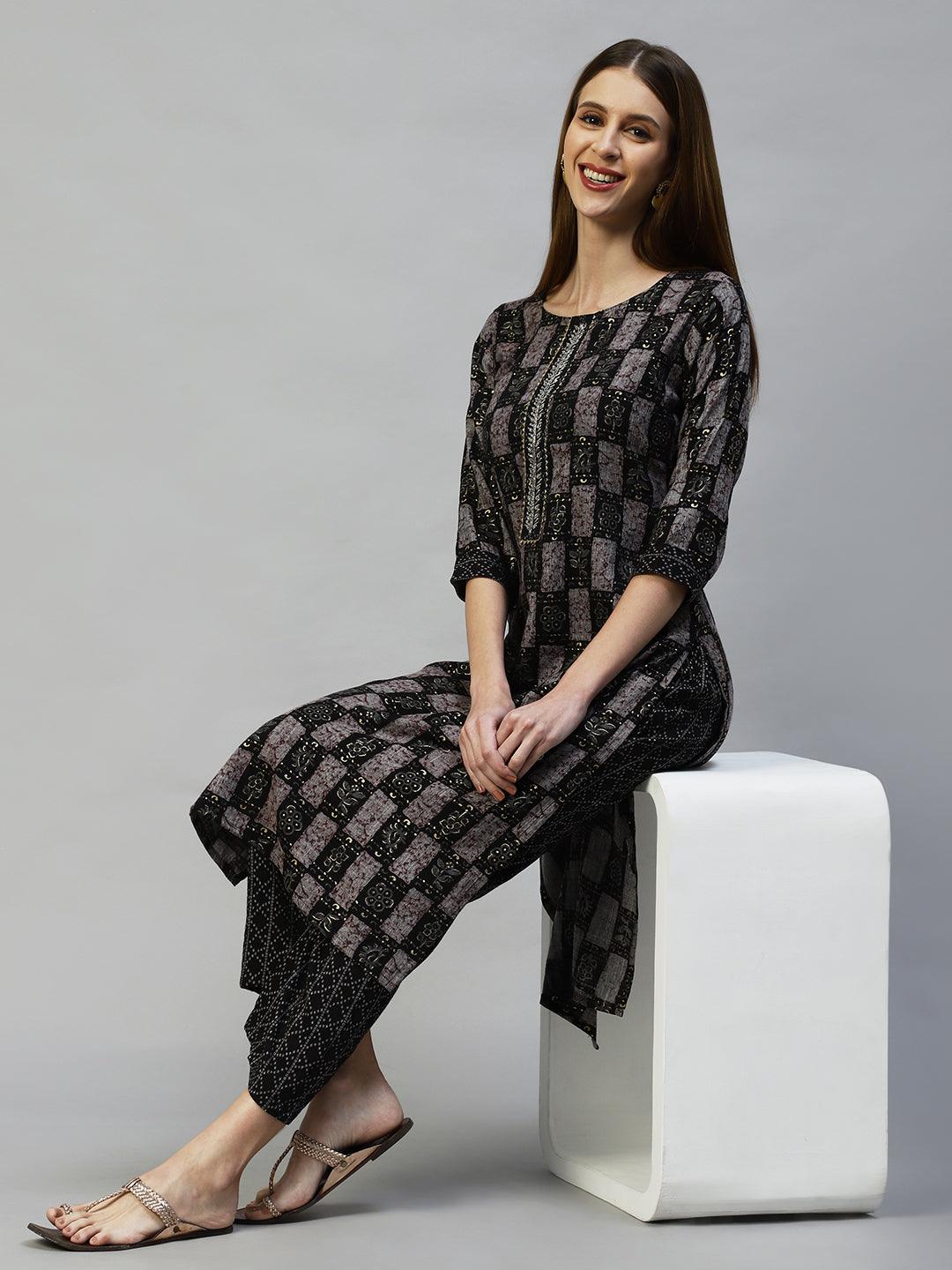 Ethnic Printed & Hand Embroidered Straight Kurta with Pants - Black - Indiakreations