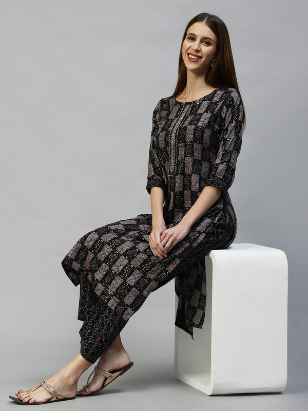 Ethnic Printed & Hand Embroidered Straight Kurta with Pants - Black - Indiakreations