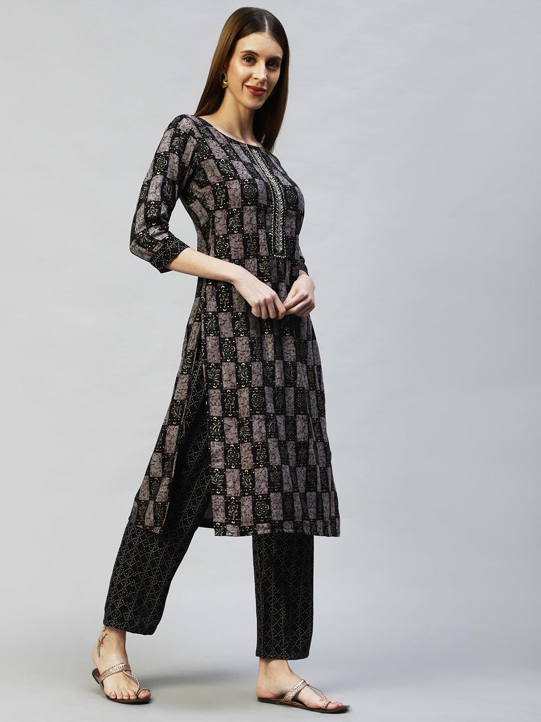 Ethnic Printed & Hand Embroidered Straight Kurta with Pants - Black - Indiakreations