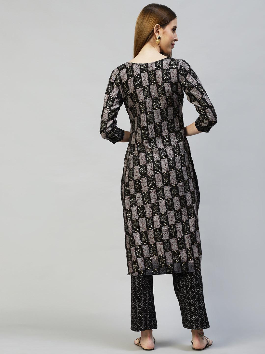 Ethnic Printed & Hand Embroidered Straight Kurta with Pants - Black - Indiakreations