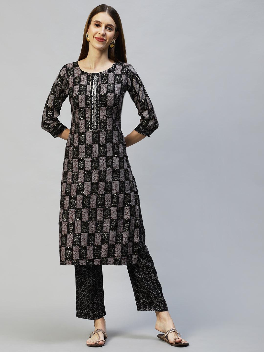 Ethnic Printed & Hand Embroidered Straight Kurta with Pants - Black - Indiakreations