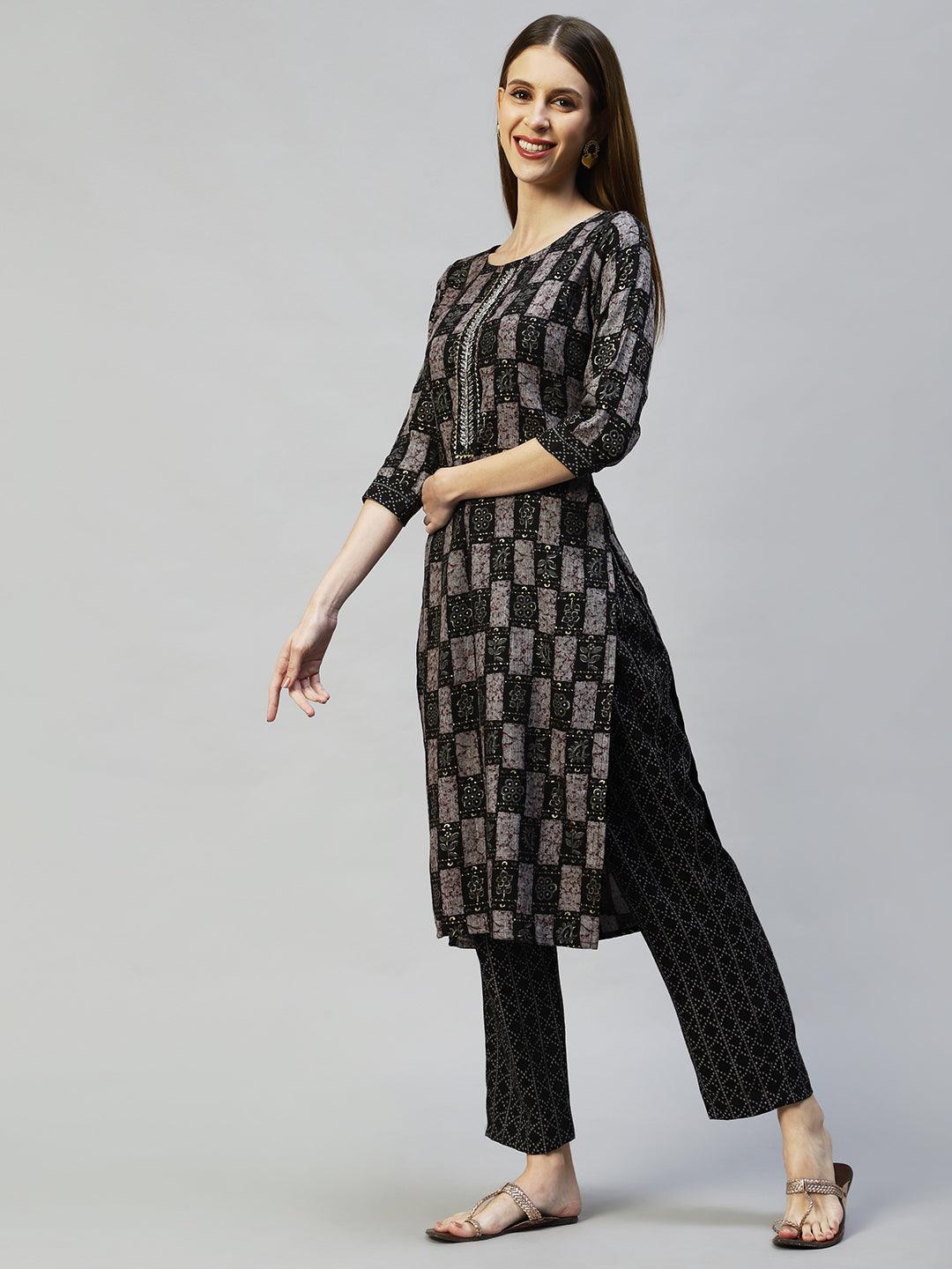 Ethnic Printed & Hand Embroidered Straight Kurta with Pants - Black - Indiakreations