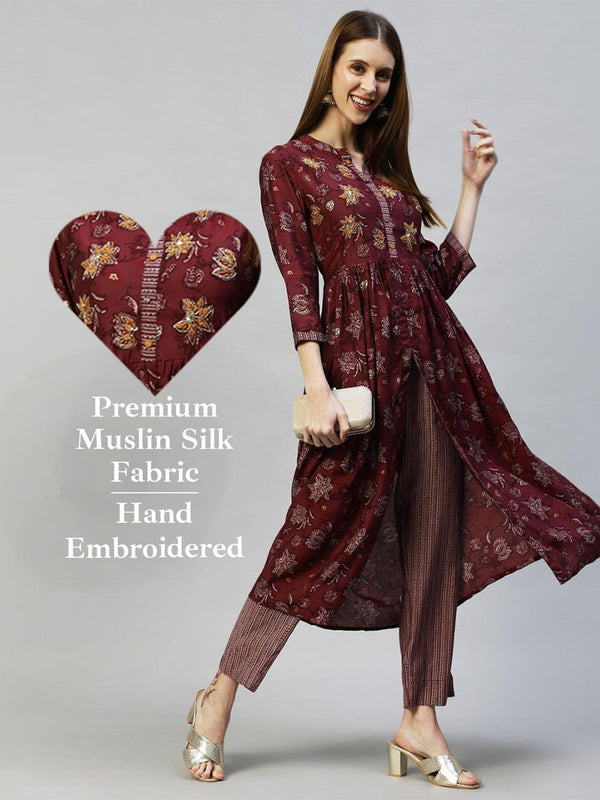 Floral Printed & Hand Embroidered A-Line Kurta with Pants - Wine - Indiakreations