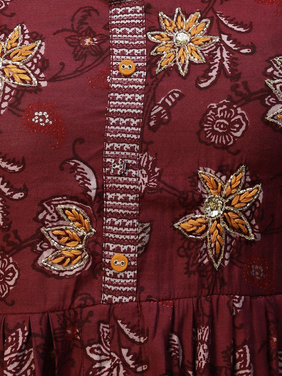 Floral Printed & Hand Embroidered A-Line Kurta with Pants - Wine - Indiakreations