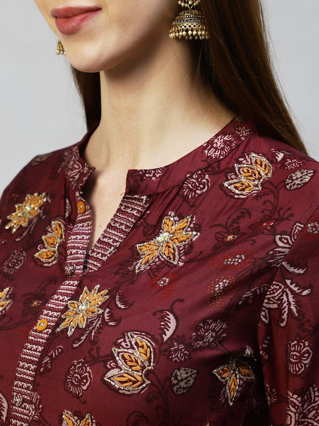 Floral Printed & Hand Embroidered A-Line Kurta with Pants - Wine - Indiakreations