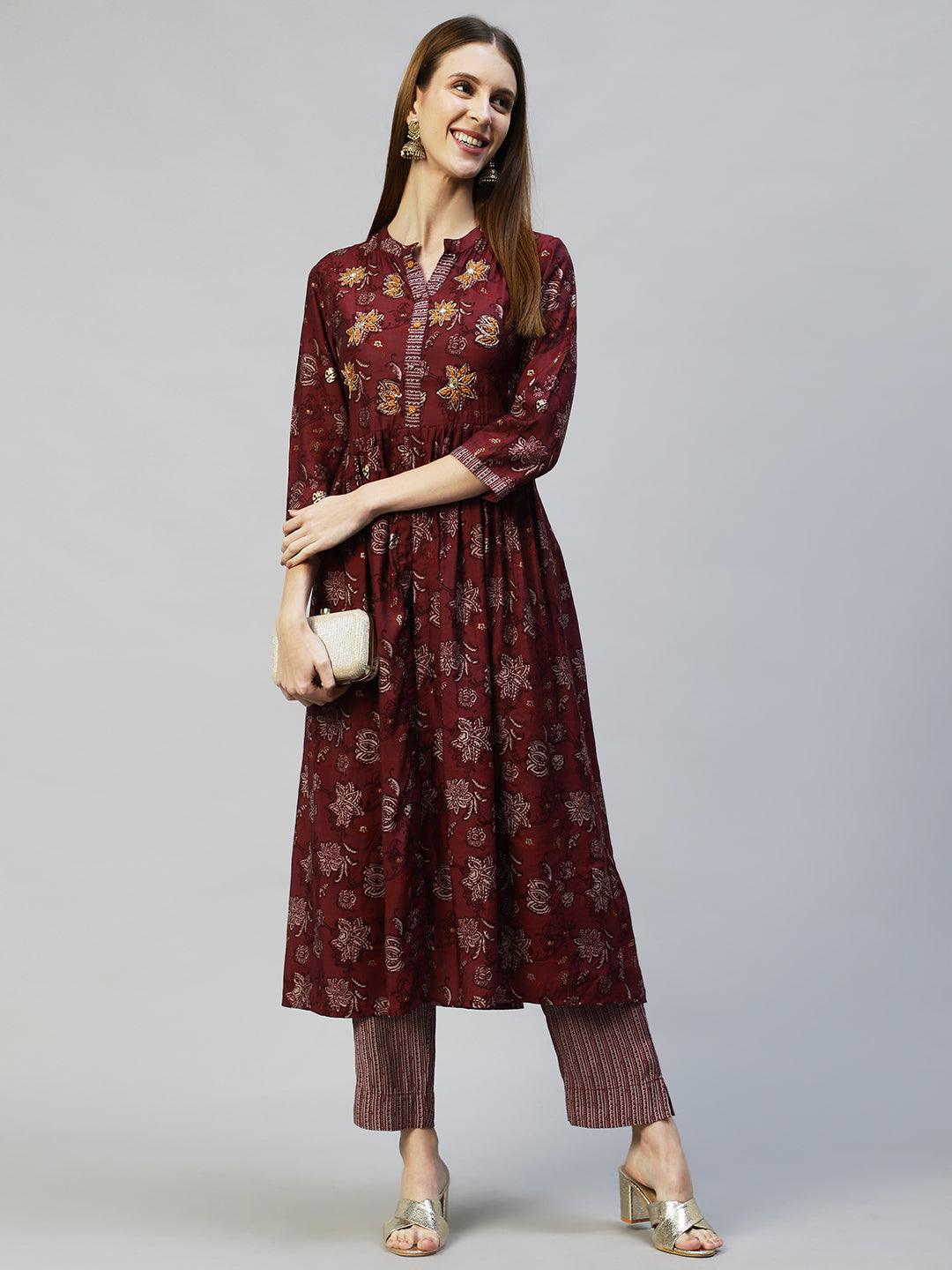 Floral Printed & Hand Embroidered A-Line Kurta with Pants - Wine - Indiakreations