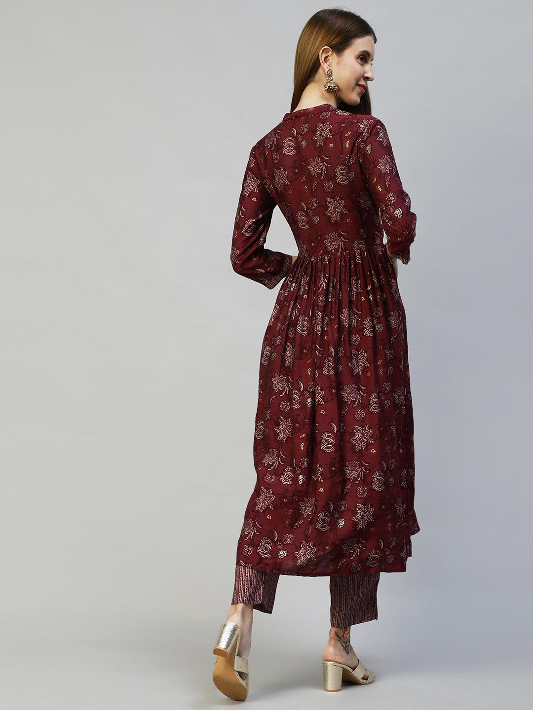 Floral Printed & Hand Embroidered A-Line Kurta with Pants - Wine - Indiakreations