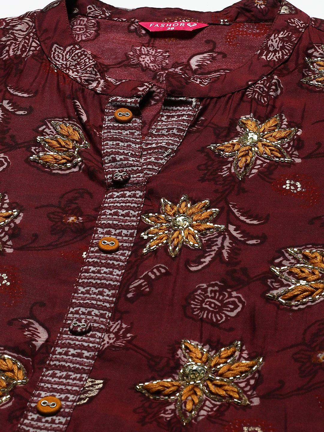 Floral Printed & Hand Embroidered A-Line Kurta with Pants - Wine - Indiakreations