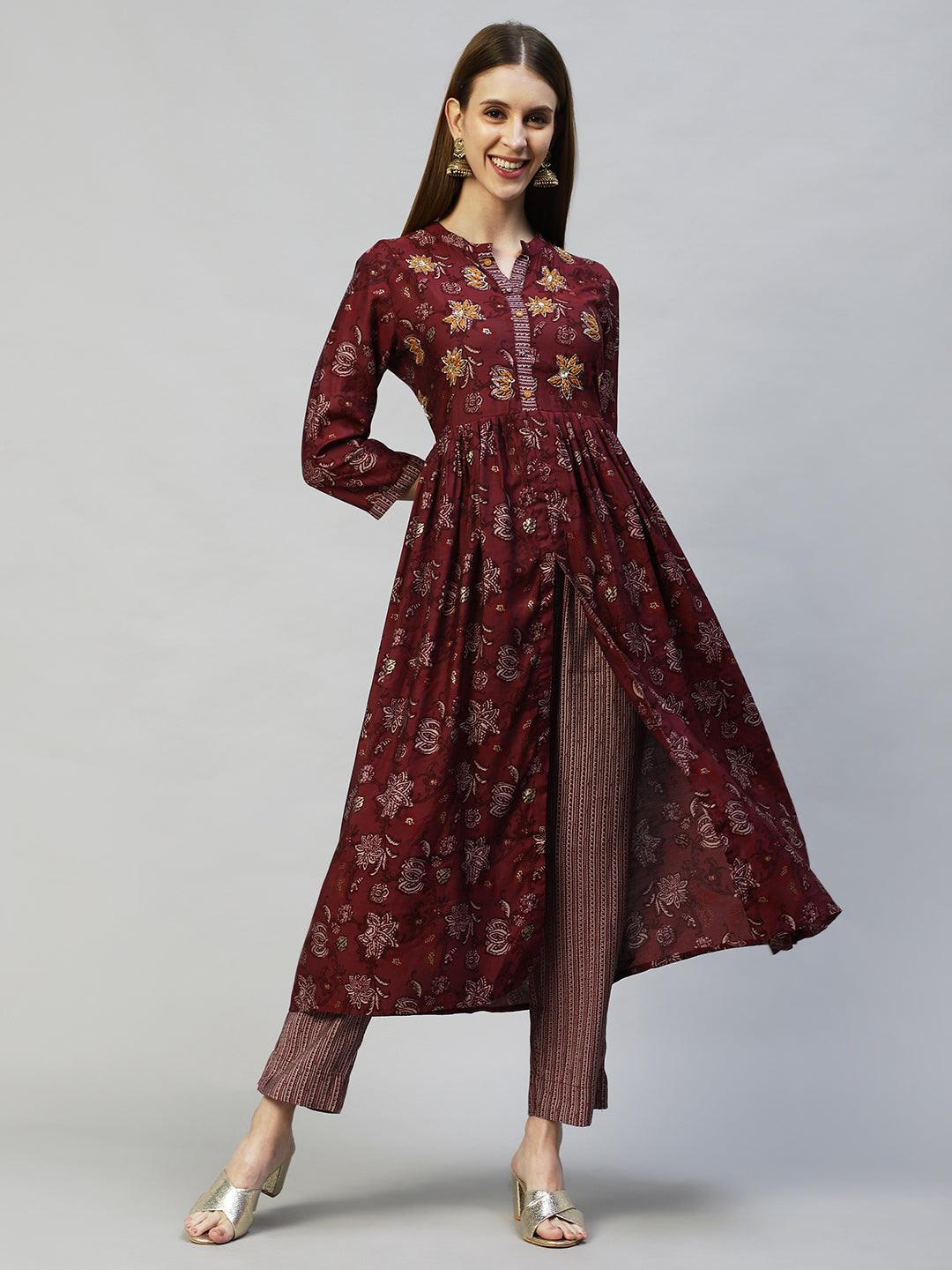 Floral Printed & Hand Embroidered A-Line Kurta with Pants - Wine - Indiakreations