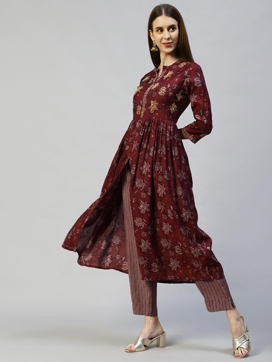 Floral Printed & Hand Embroidered A-Line Kurta with Pants - Wine - Indiakreations