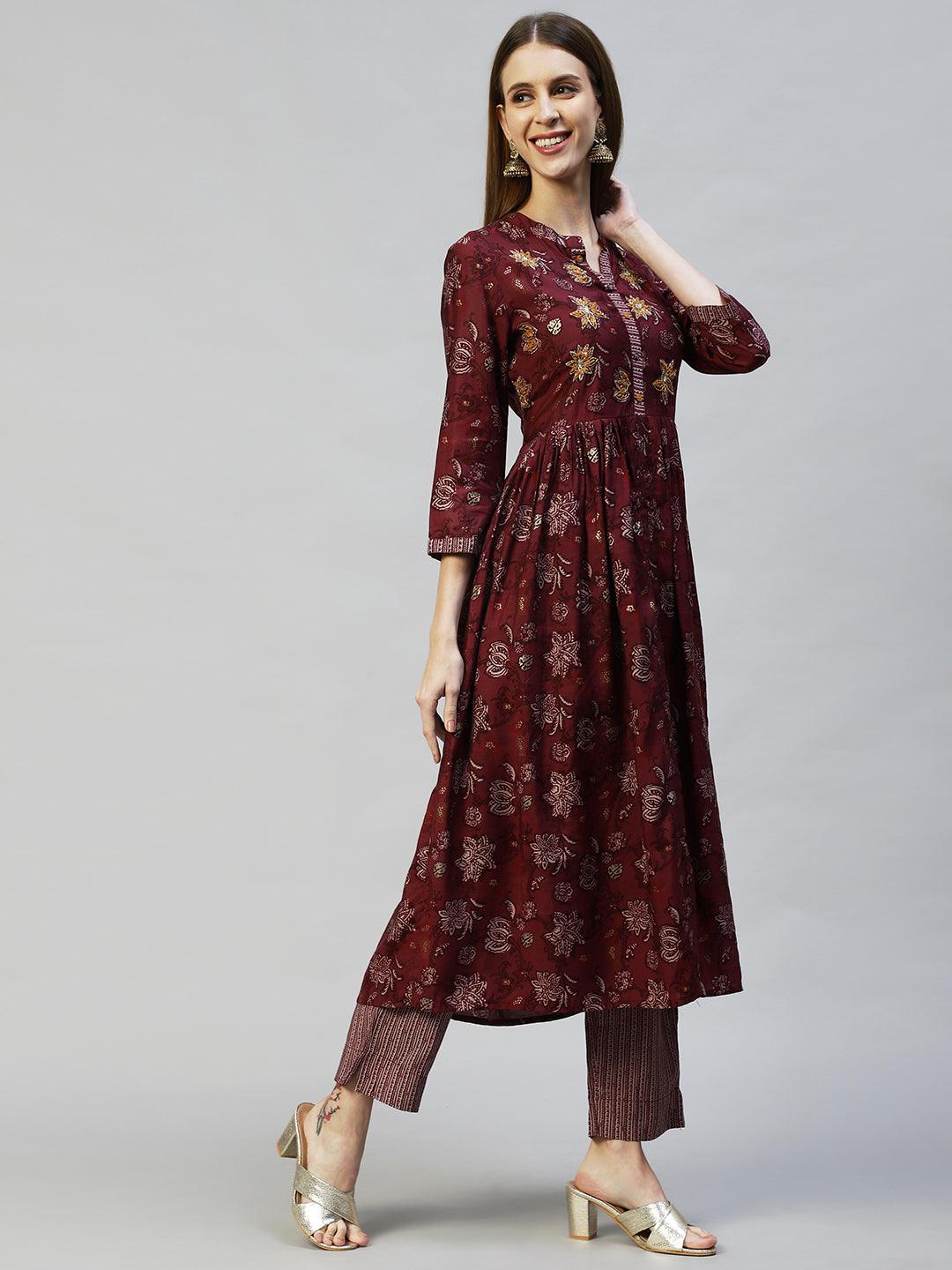 Floral Printed & Hand Embroidered A-Line Kurta with Pants - Wine - Indiakreations