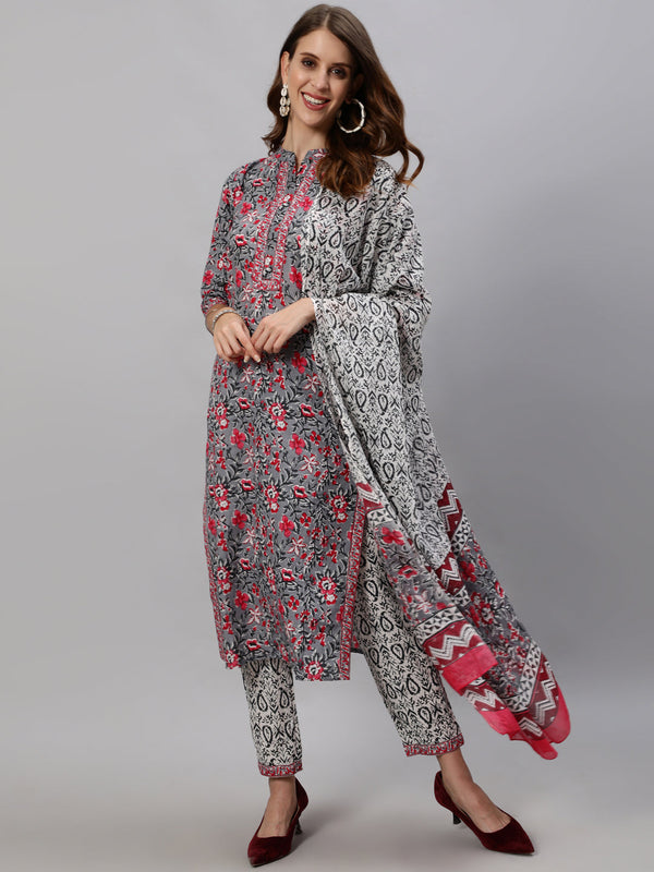 Anubhutee Women Grey  Pink Floral Printed Regular Kurta With Trousers  Dupatta