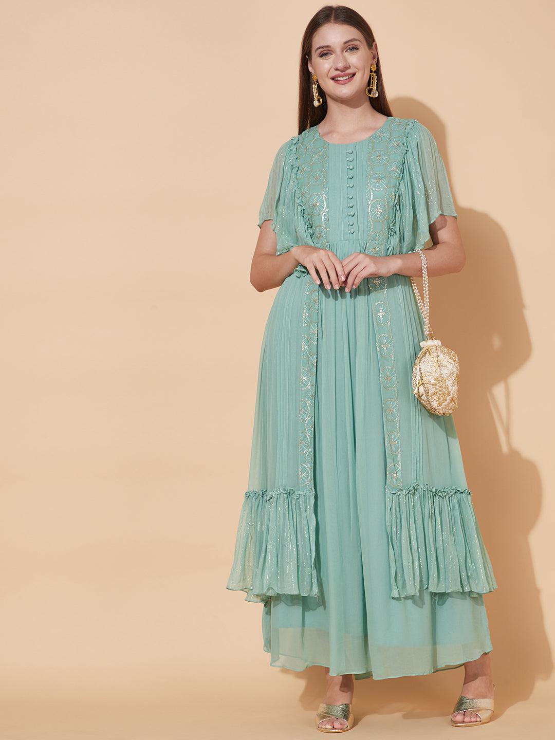 Ethnic Embroidered Layered Flared Maxi Dress - Pastel Green - Indiakreations