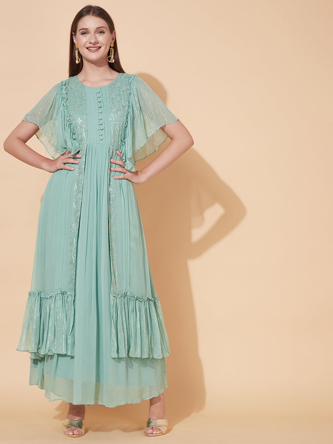 Ethnic Embroidered Layered Flared Maxi Dress - Pastel Green - Indiakreations