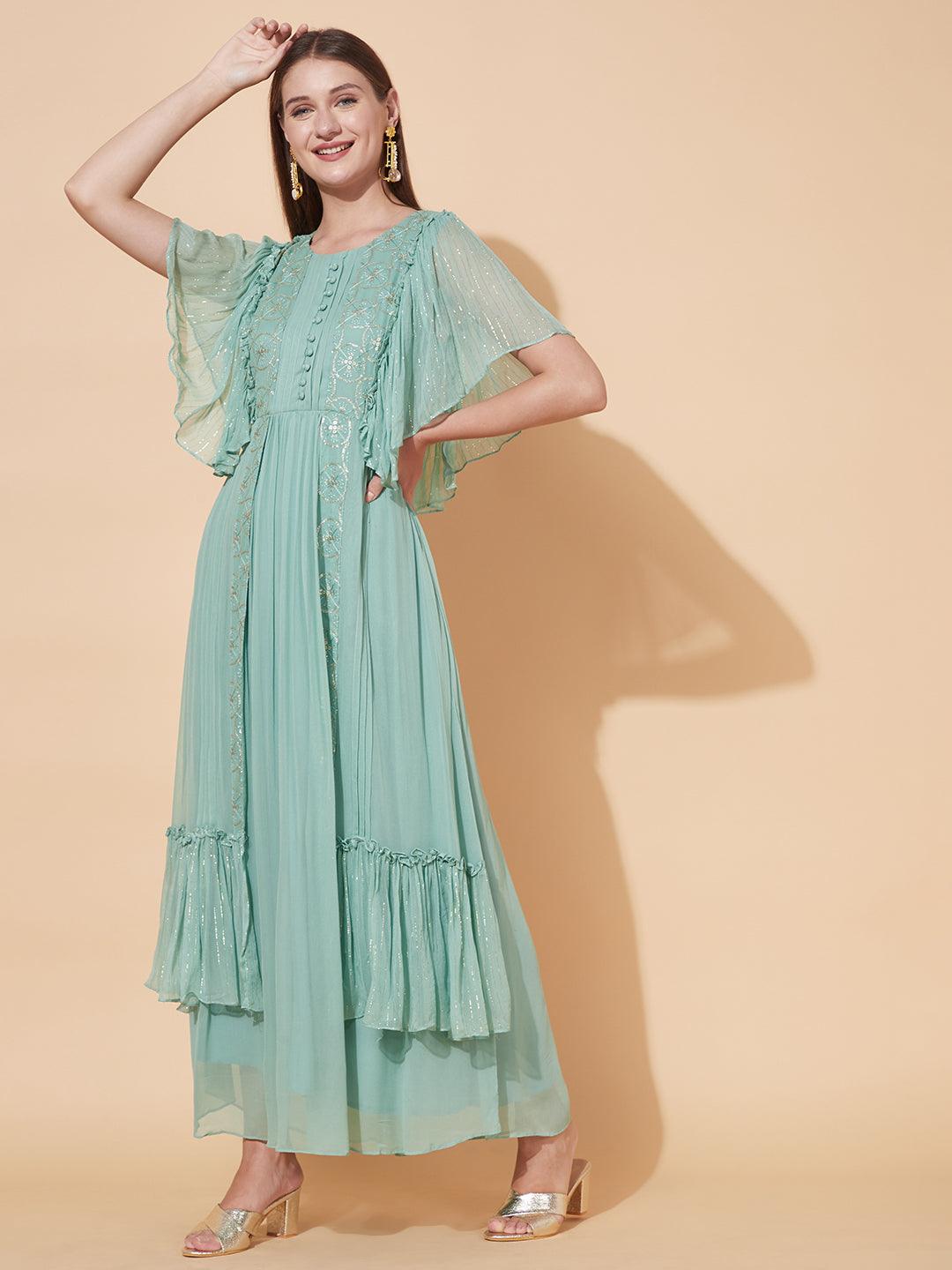 Ethnic Embroidered Layered Flared Maxi Dress - Pastel Green - Indiakreations