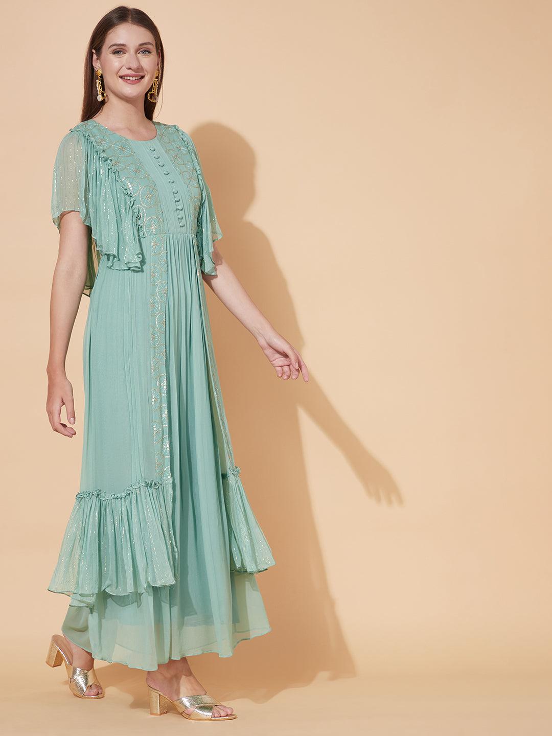 Ethnic Embroidered Layered Flared Maxi Dress - Pastel Green - Indiakreations