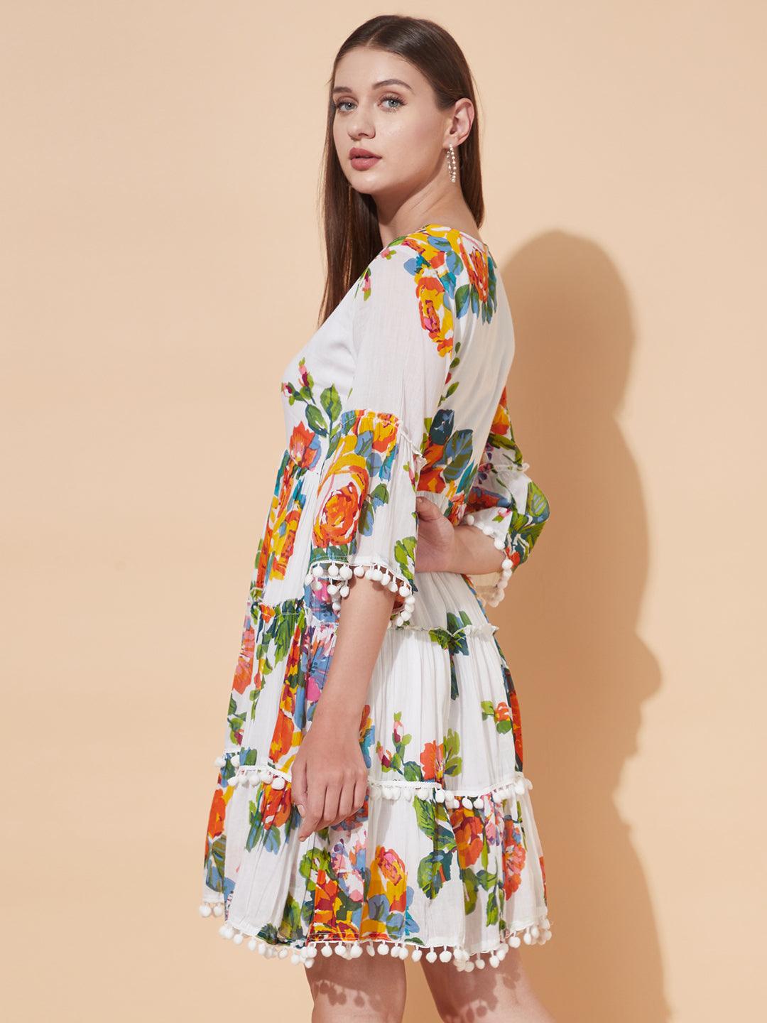 Floral Printed Tiered Flared Midi Dress - White - Indiakreations