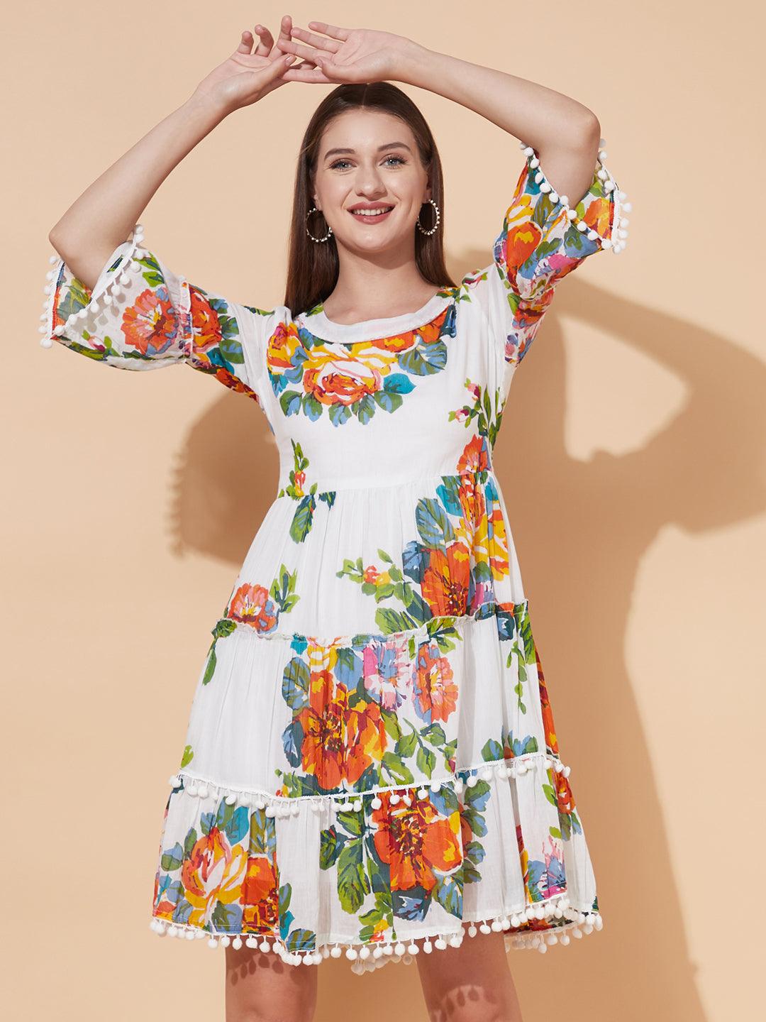 Floral Printed Tiered Flared Midi Dress - White - Indiakreations