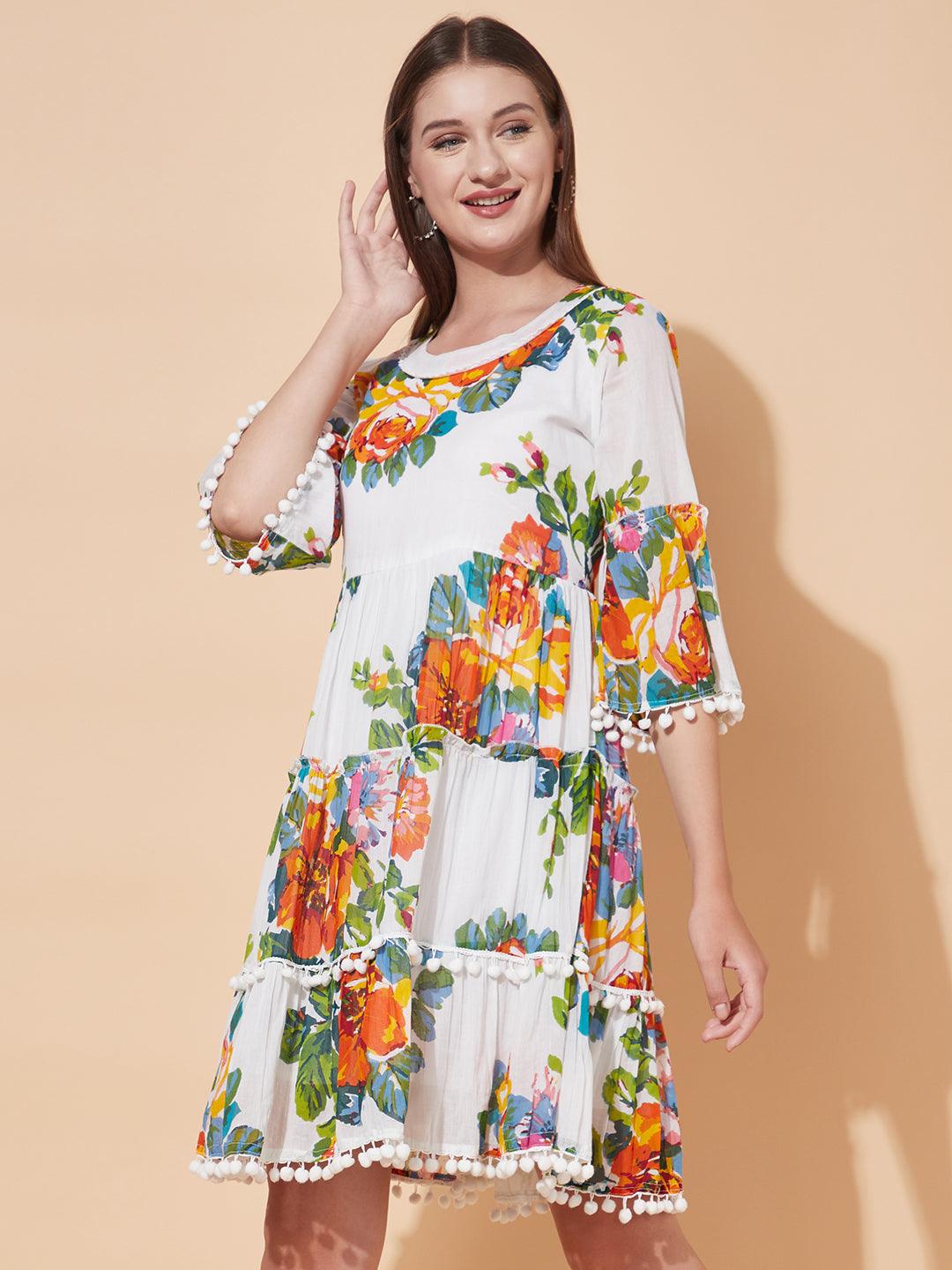 Floral Printed Tiered Flared Midi Dress - White - Indiakreations