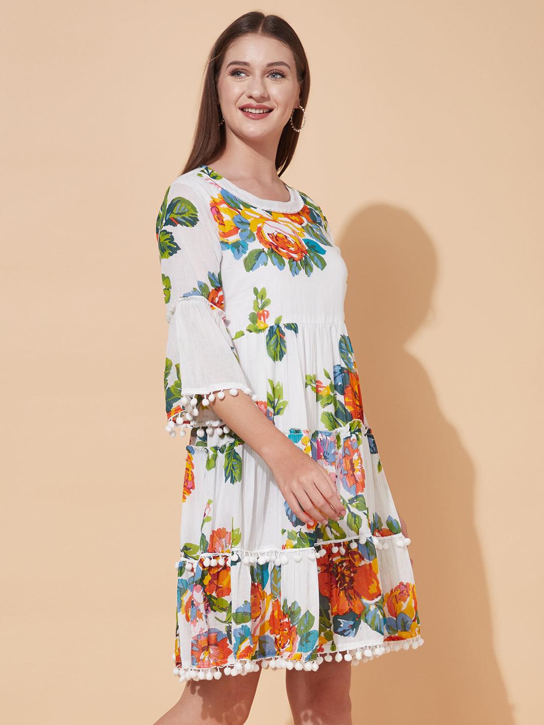 Floral Printed Tiered Flared Midi Dress - White - Indiakreations