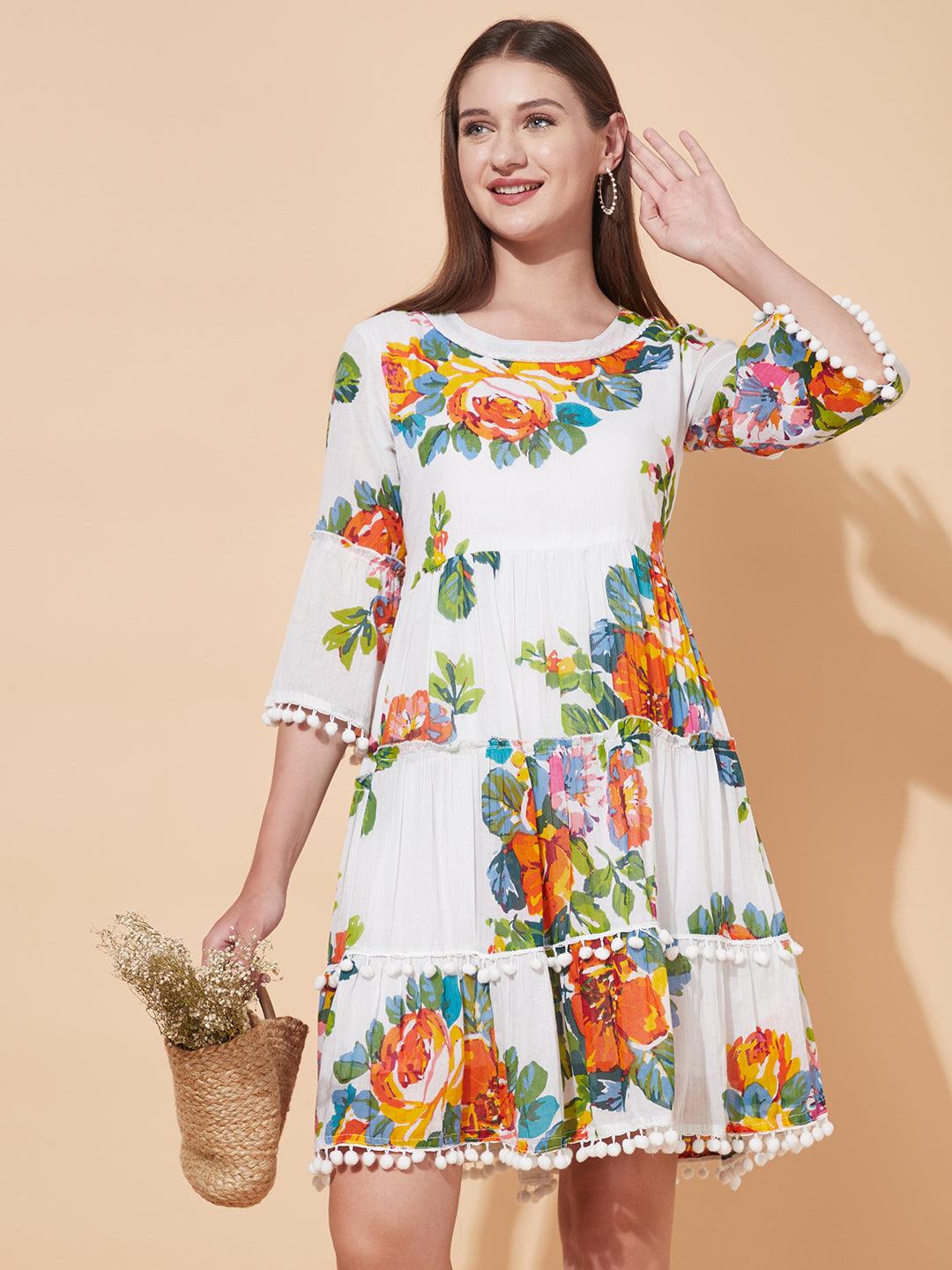 Floral Printed Tiered Flared Midi Dress - White - Indiakreations