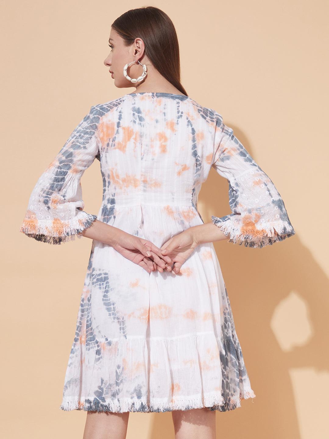 Tie-Dyed Flared Cutwork Midi Dress - White - Indiakreations