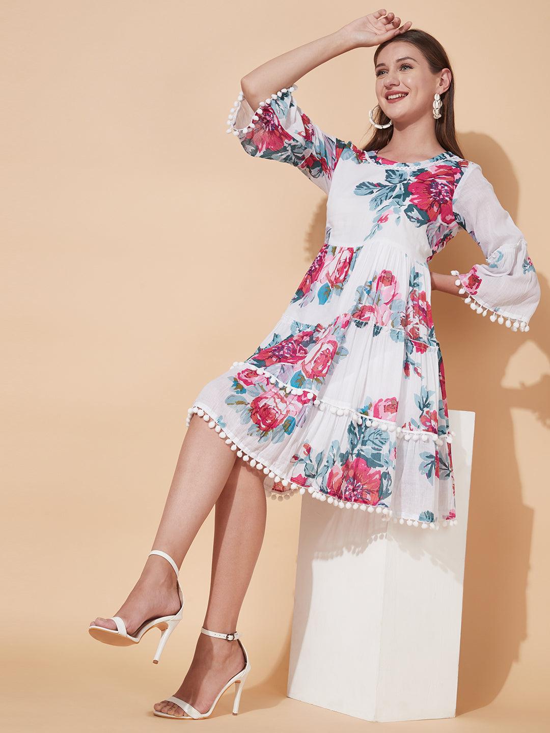 Floral Printed Tiered Flared Midi Dress - White - Indiakreations