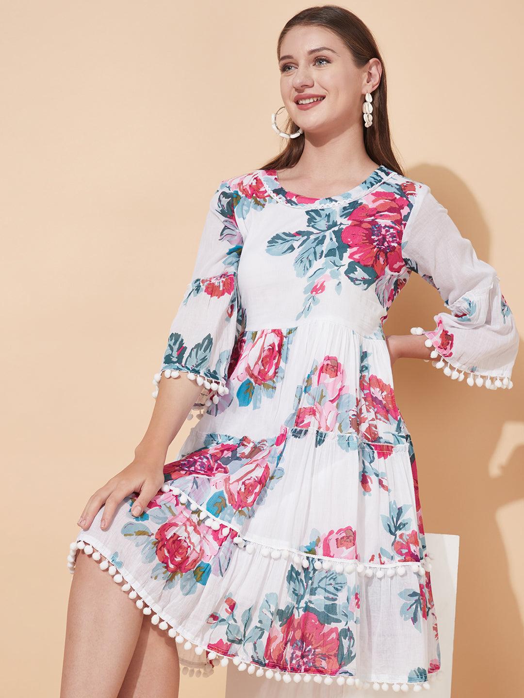 Floral Printed Tiered Flared Midi Dress - White - Indiakreations