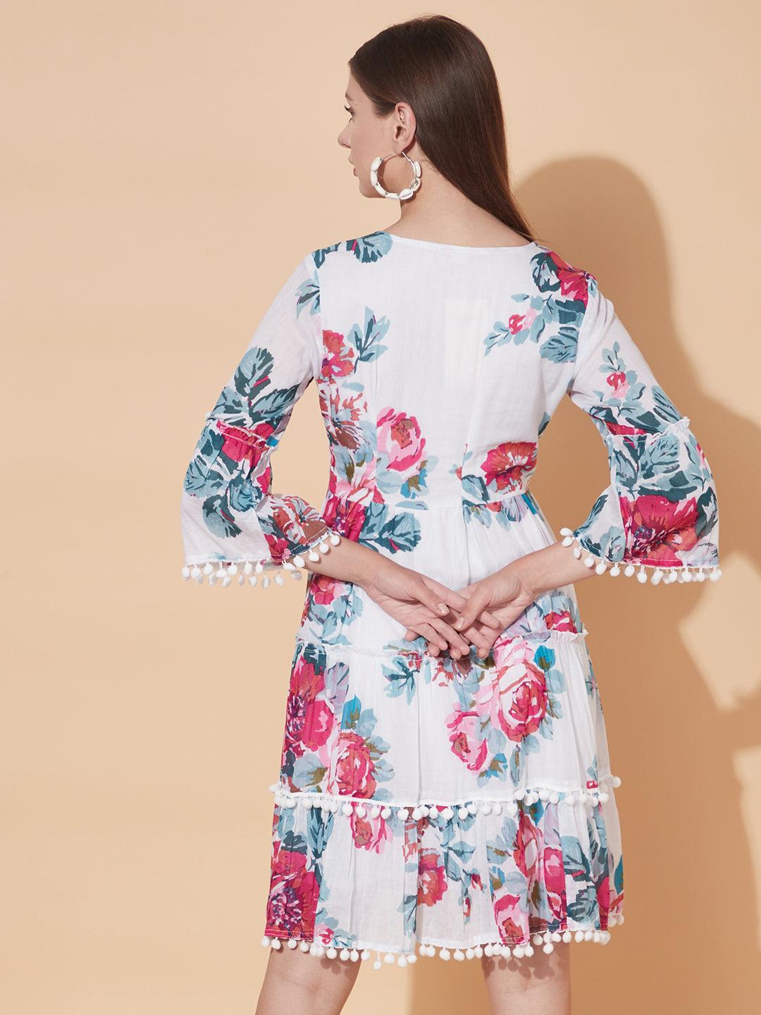 Floral Printed Tiered Flared Midi Dress - White - Indiakreations