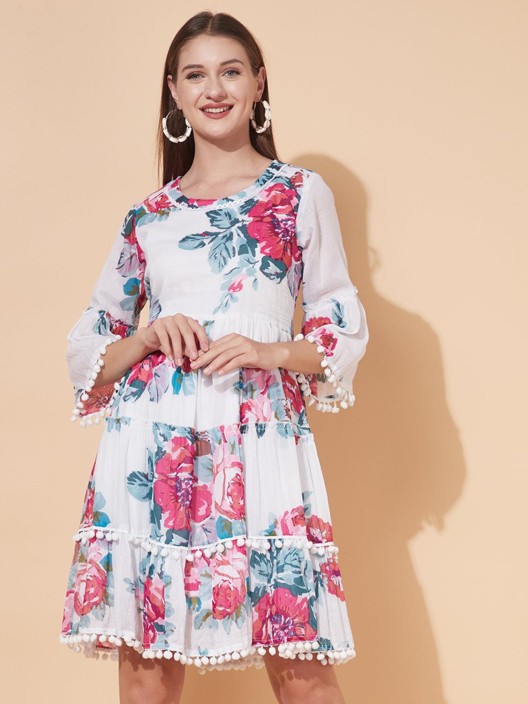 Floral Printed Tiered Flared Midi Dress - White - Indiakreations