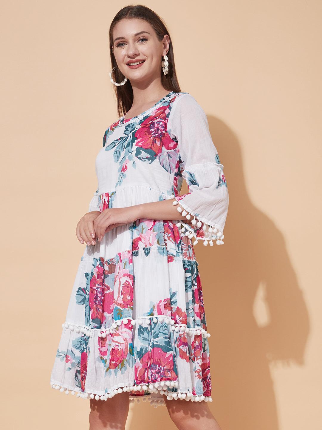 Floral Printed Tiered Flared Midi Dress - White - Indiakreations