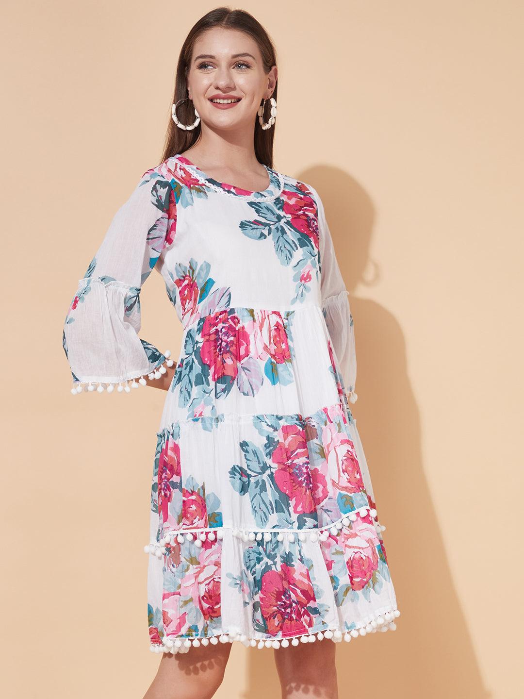 Floral Printed Tiered Flared Midi Dress - White - Indiakreations