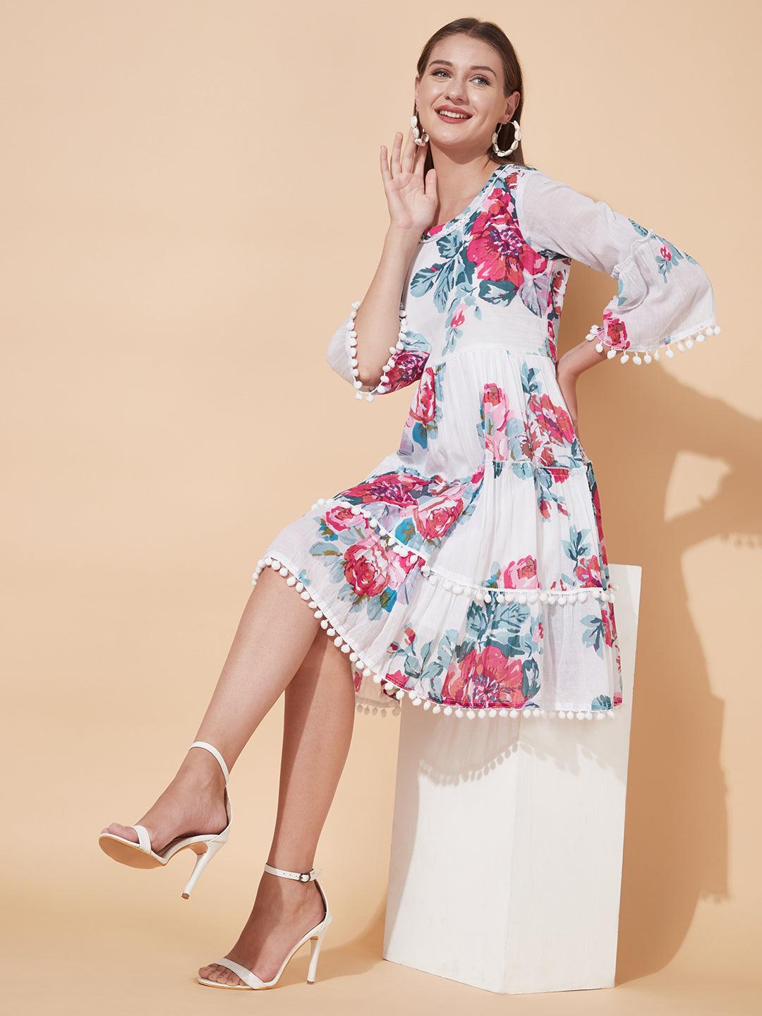 Floral Printed Tiered Flared Midi Dress - White - Indiakreations