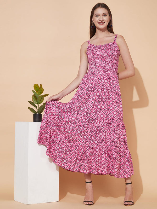 Floral Printed Tiered Flared Maxi Dress - Pink - Indiakreations