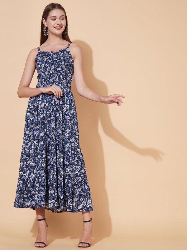 Floral Printed Tiered Flared Maxi Dress - Dark Blue - Indiakreations