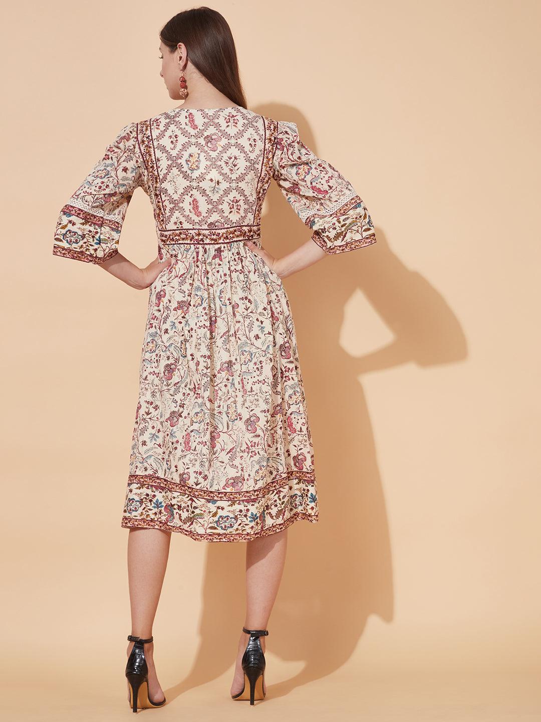 Floral Printed & Hand Embroidered Flared Midi Dress - Cream - Indiakreations