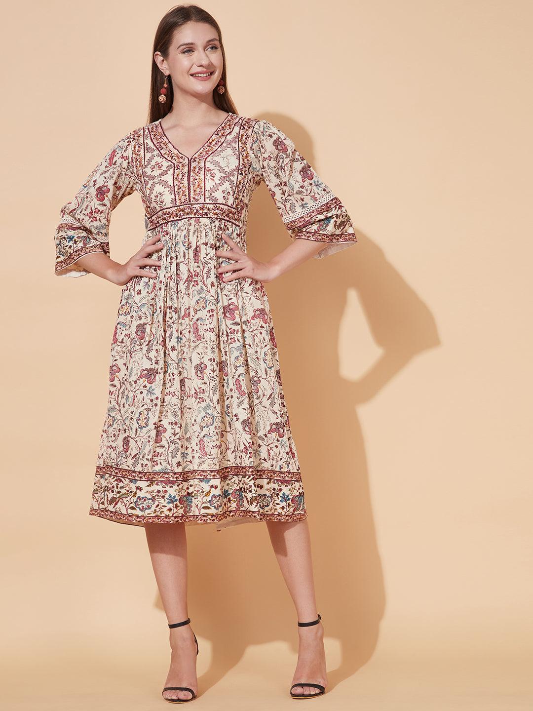 Floral Printed & Hand Embroidered Flared Midi Dress - Cream - Indiakreations