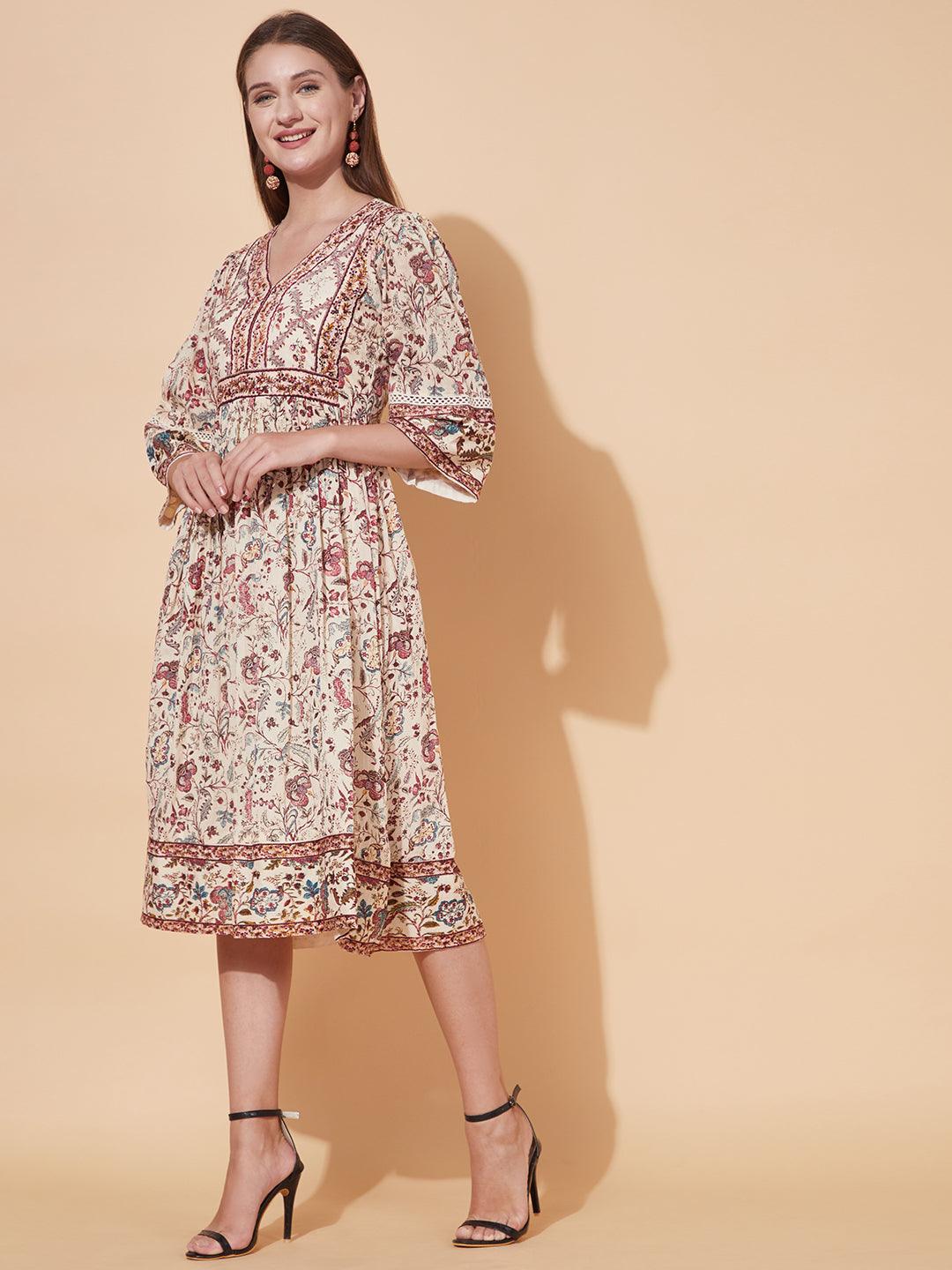 Floral Printed & Hand Embroidered Flared Midi Dress - Cream - Indiakreations