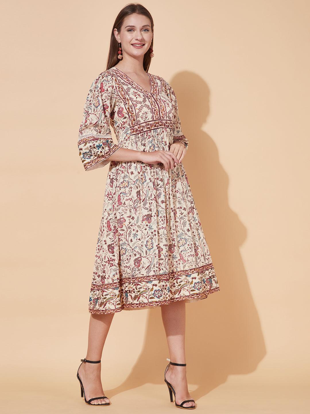 Floral Printed & Hand Embroidered Flared Midi Dress - Cream - Indiakreations