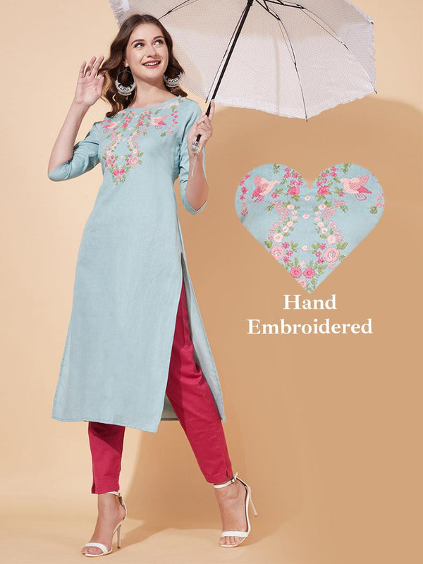 Floral Hand Embroidered Straight Fit Kurta - Powder Blue - Indiakreations