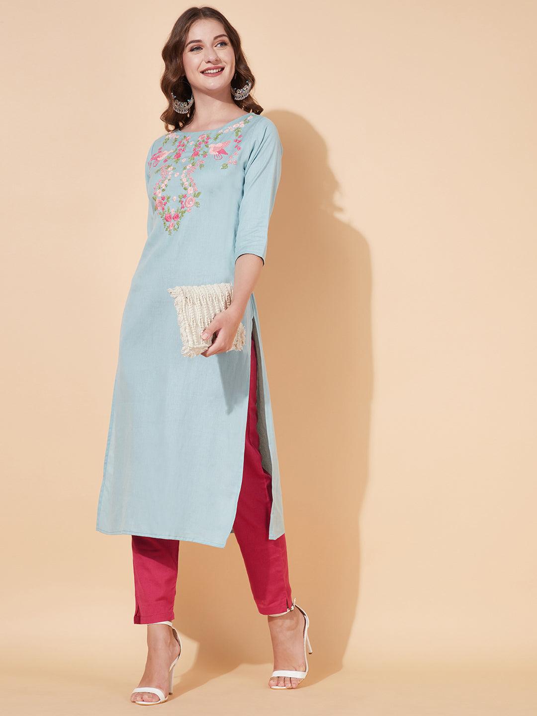 Floral Hand Embroidered Straight Fit Kurta - Powder Blue - Indiakreations