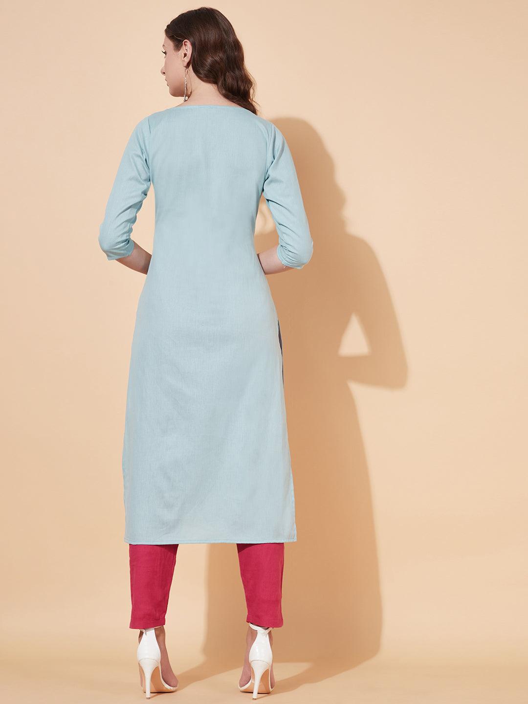 Floral Hand Embroidered Straight Fit Kurta - Powder Blue - Indiakreations