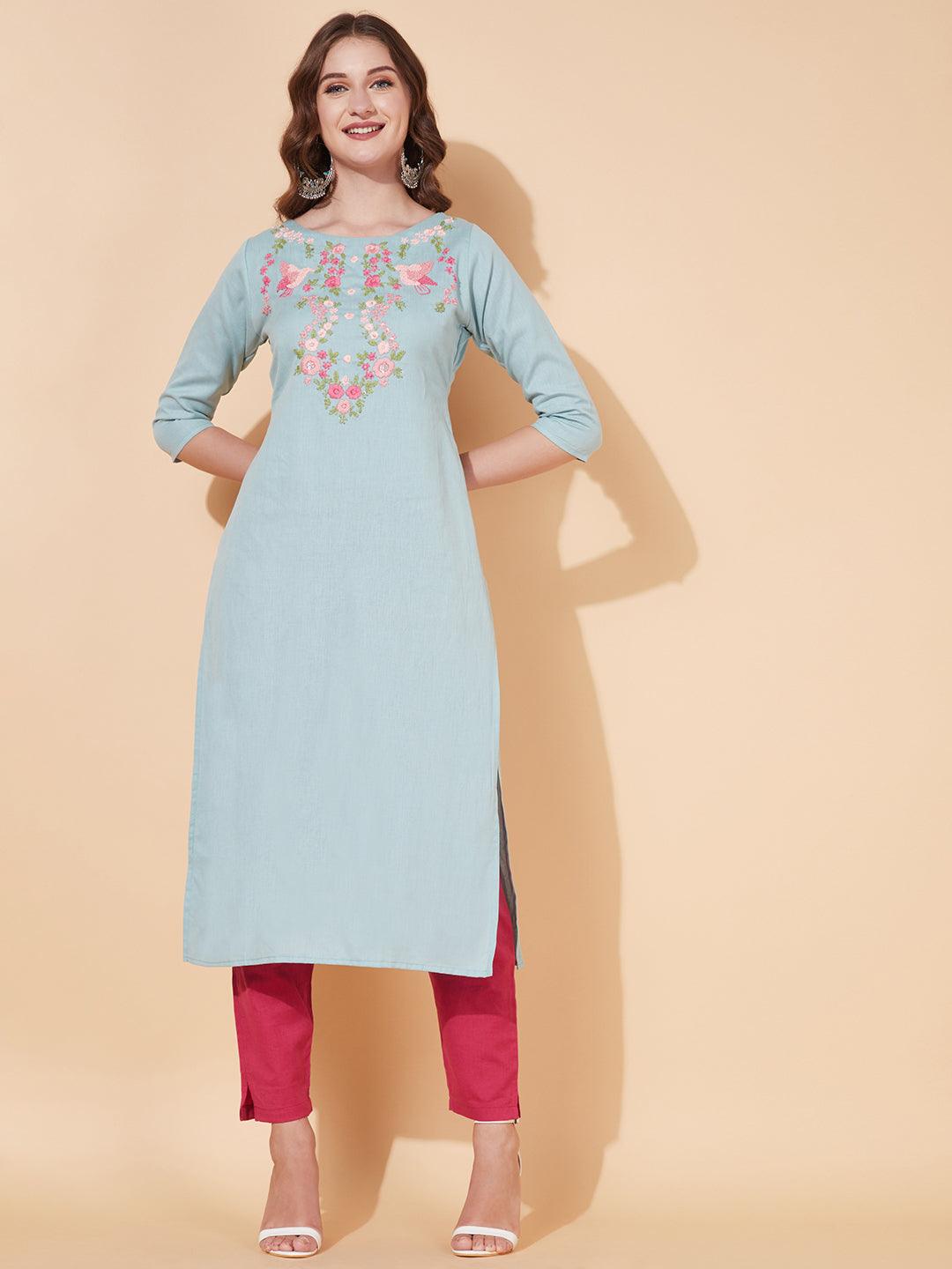 Floral Hand Embroidered Straight Fit Kurta - Powder Blue - Indiakreations