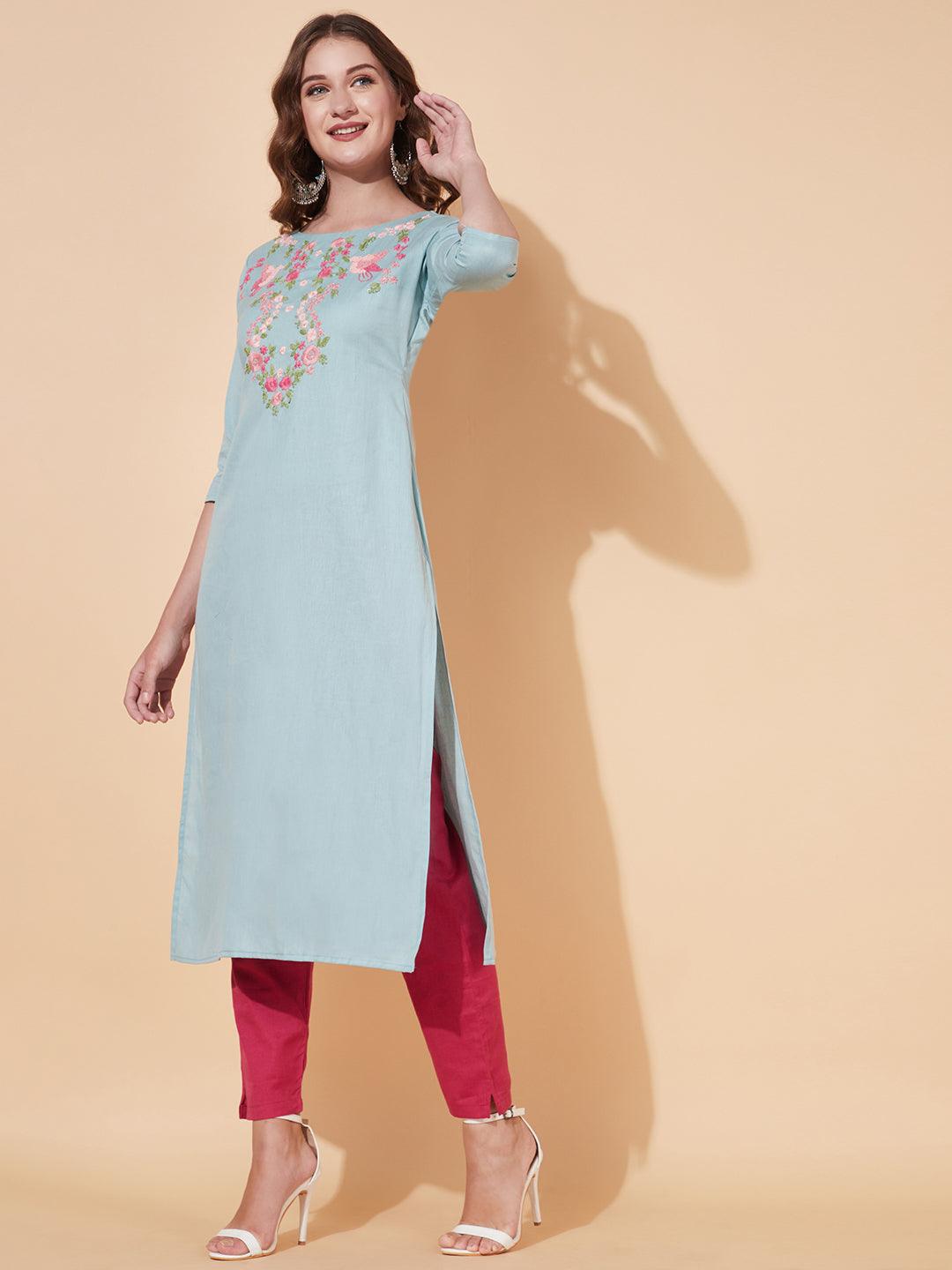 Floral Hand Embroidered Straight Fit Kurta - Powder Blue - Indiakreations