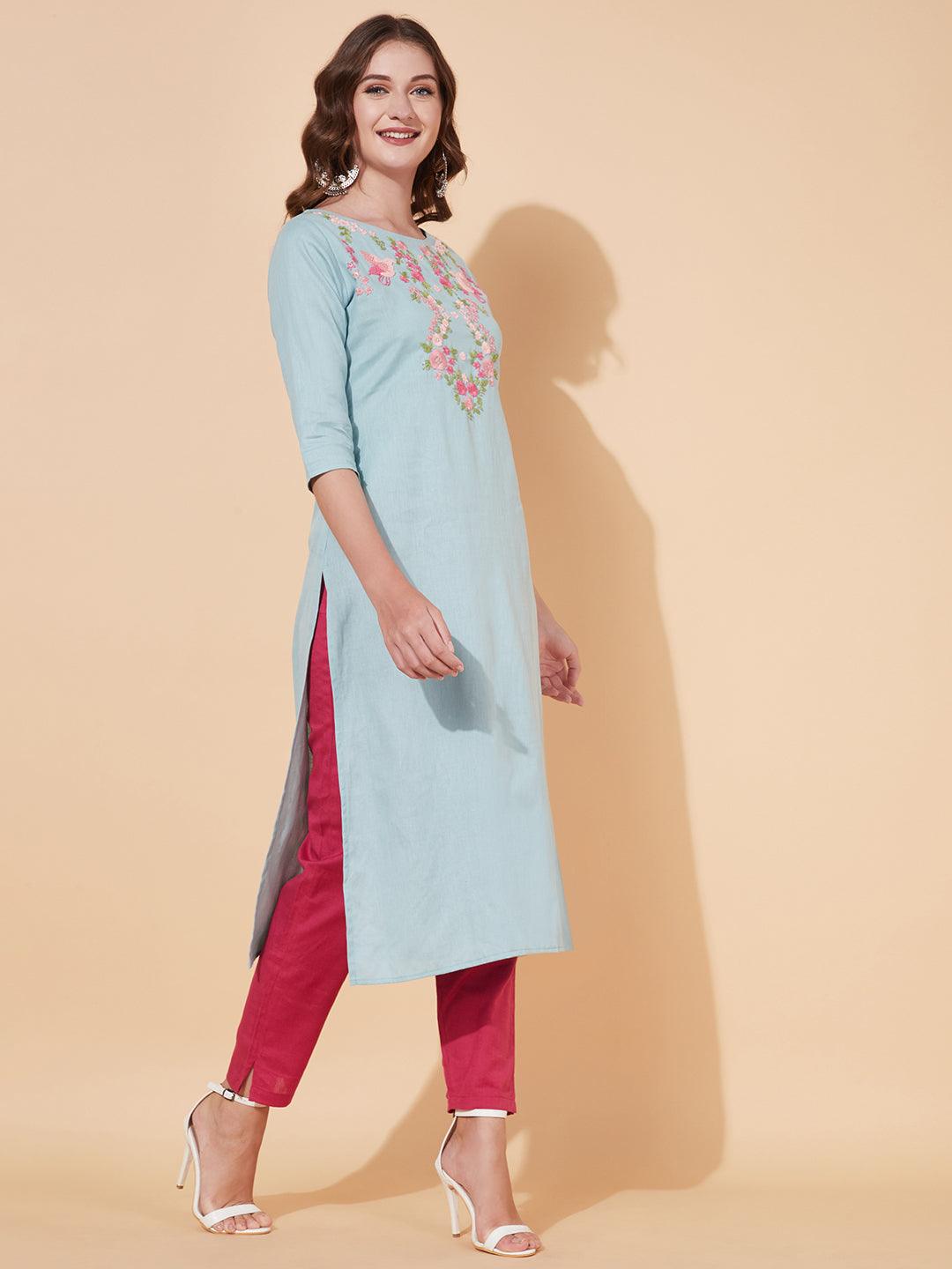 Floral Hand Embroidered Straight Fit Kurta - Powder Blue - Indiakreations