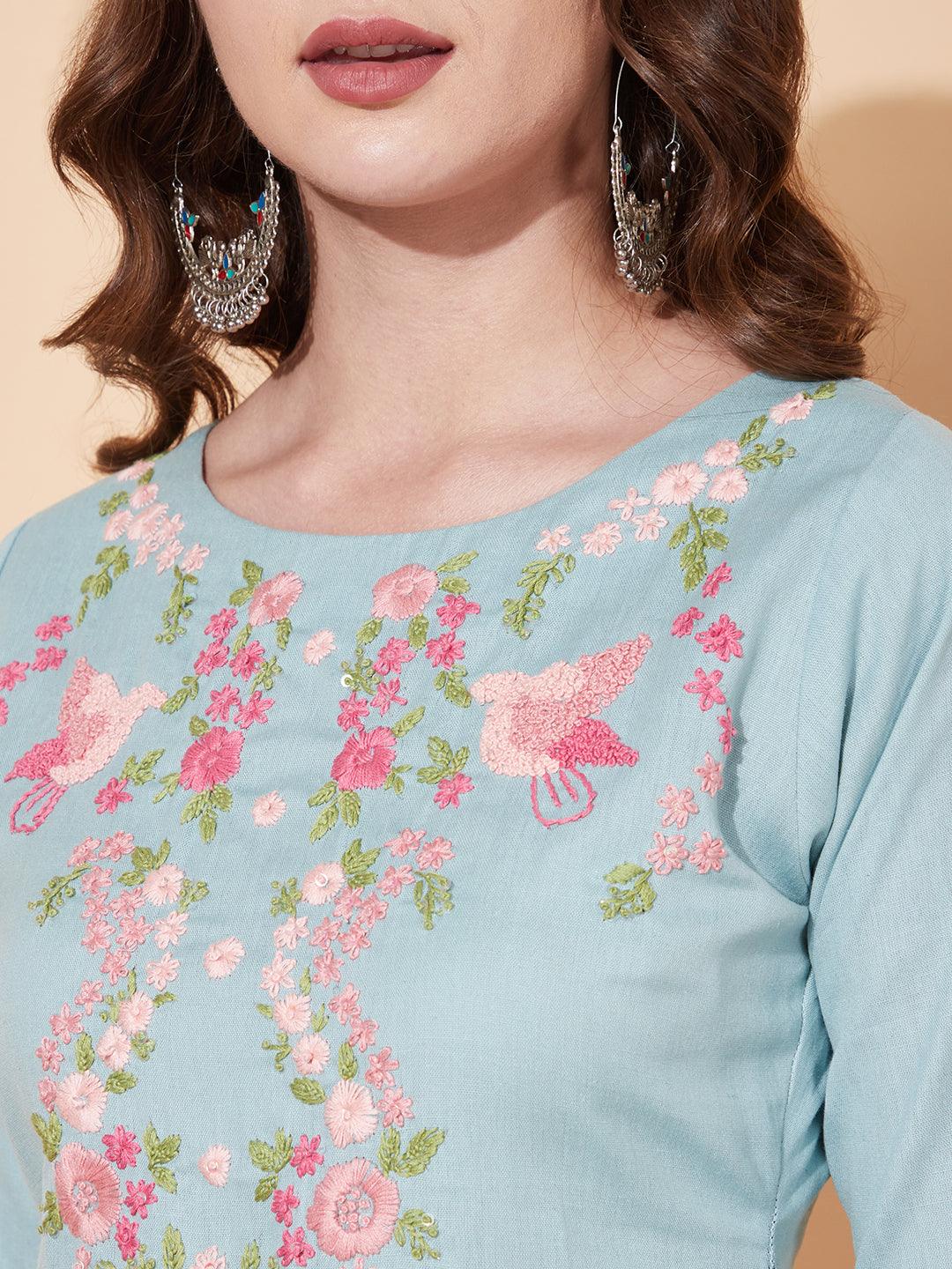 Floral Hand Embroidered Straight Fit Kurta - Powder Blue - Indiakreations