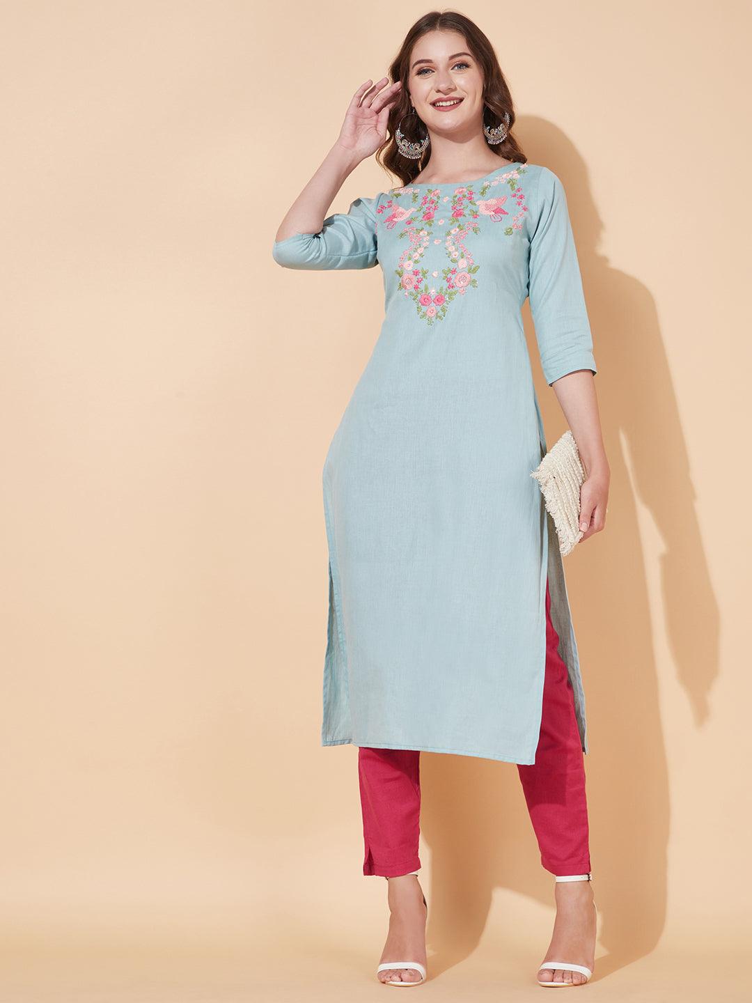 Floral Hand Embroidered Straight Fit Kurta - Powder Blue - Indiakreations