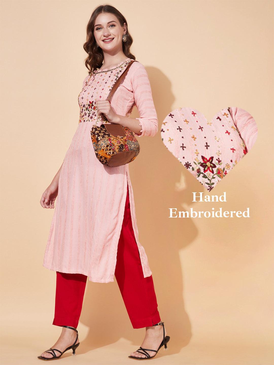 Floral Hand Embroidered Straight Fit Kurta - Baby Pink - Indiakreations