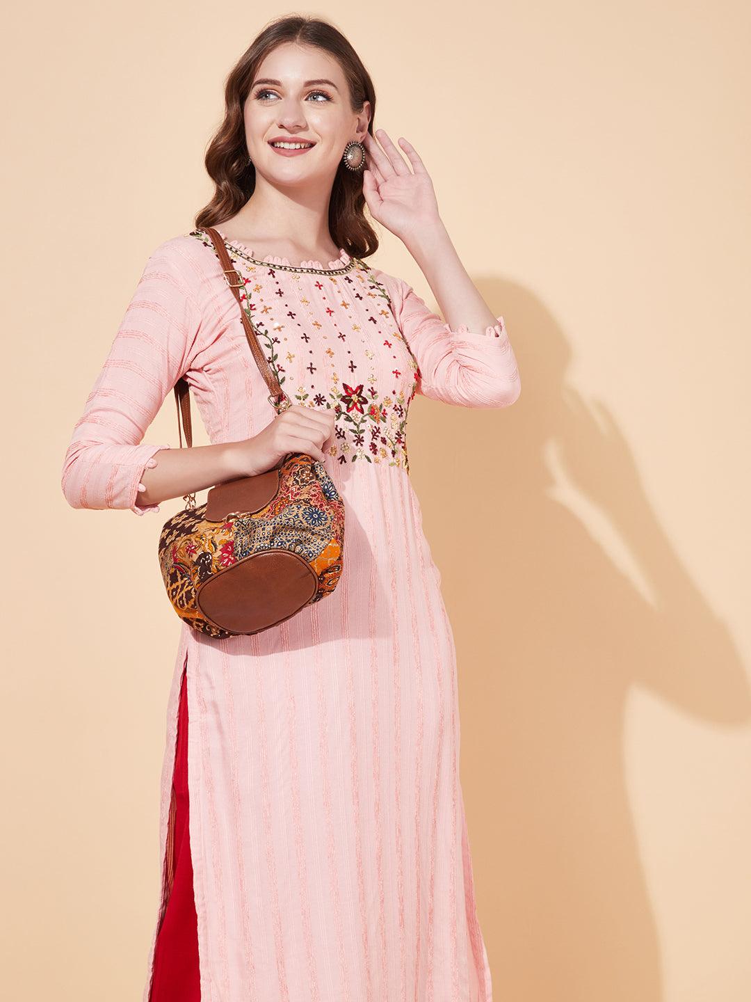 Floral Hand Embroidered Straight Fit Kurta - Baby Pink - Indiakreations