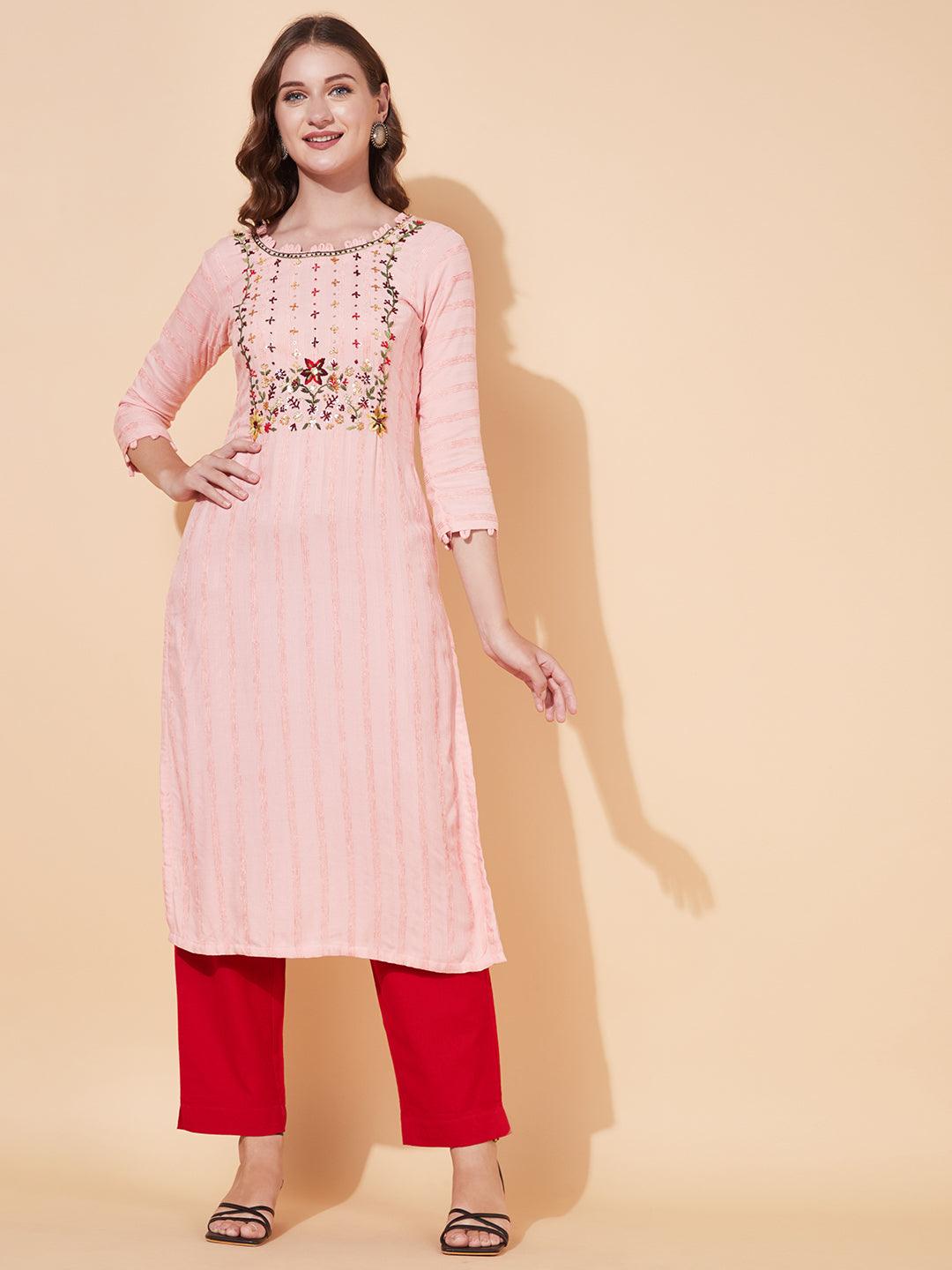 Floral Hand Embroidered Straight Fit Kurta - Baby Pink - Indiakreations